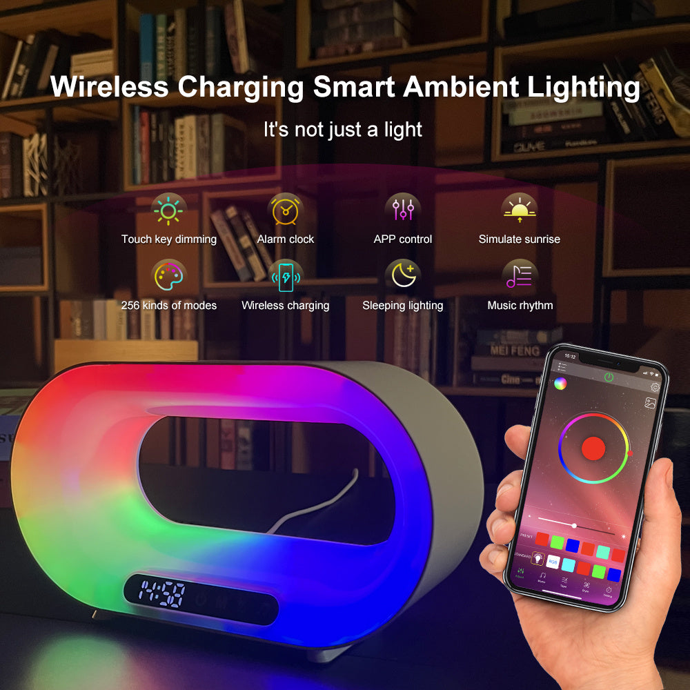 Smart 3-in-1 LED Night Light, APP Control RGB Desk Lamp, Wireless Charger, and Alarm Clock