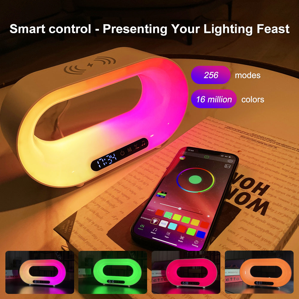 Smart 3-in-1 LED Night Light, APP Control RGB Desk Lamp, Wireless Charger, and Alarm Clock